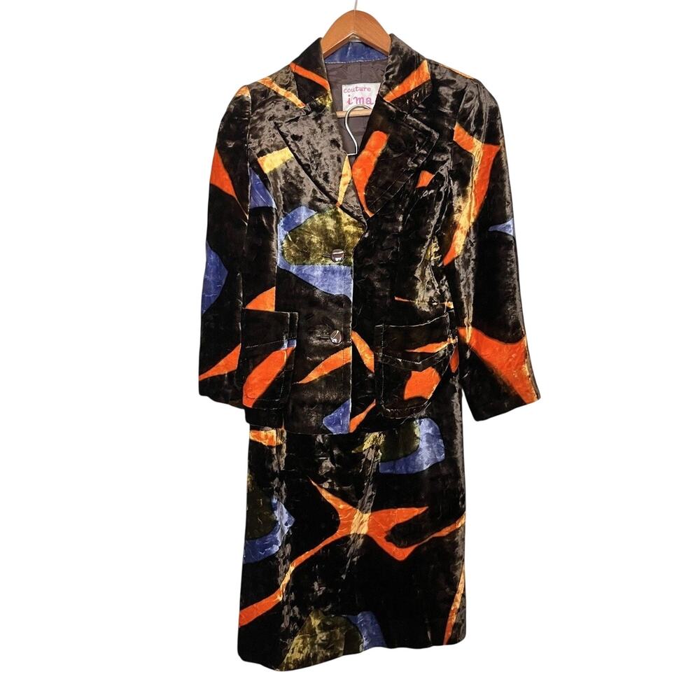 Imai Aoyama Japan Couture Silk Velvet Colorful Jacket & Skirt XS/S 2 4 Vintage